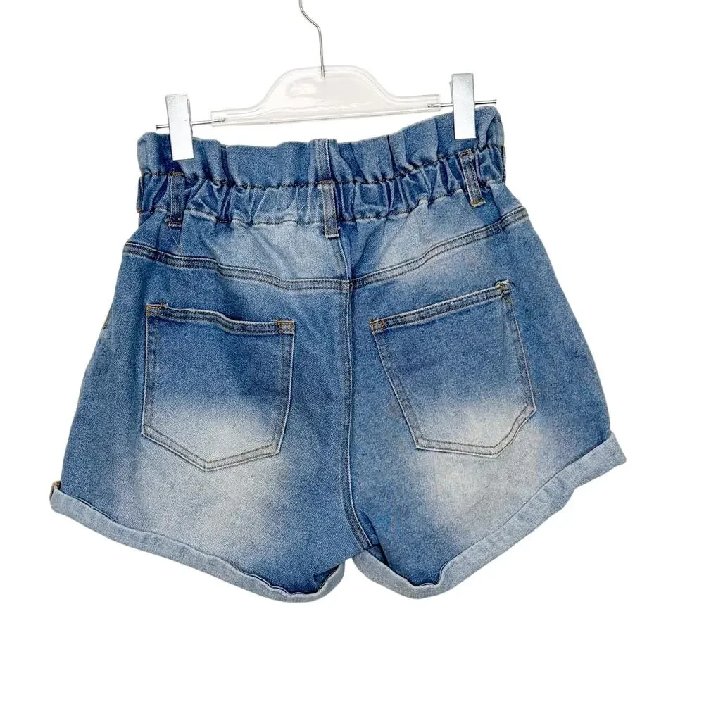 ALMOST FAMOUS Denim Paperbag Shorts Elastic Waist High Rise Blue Womens Size L